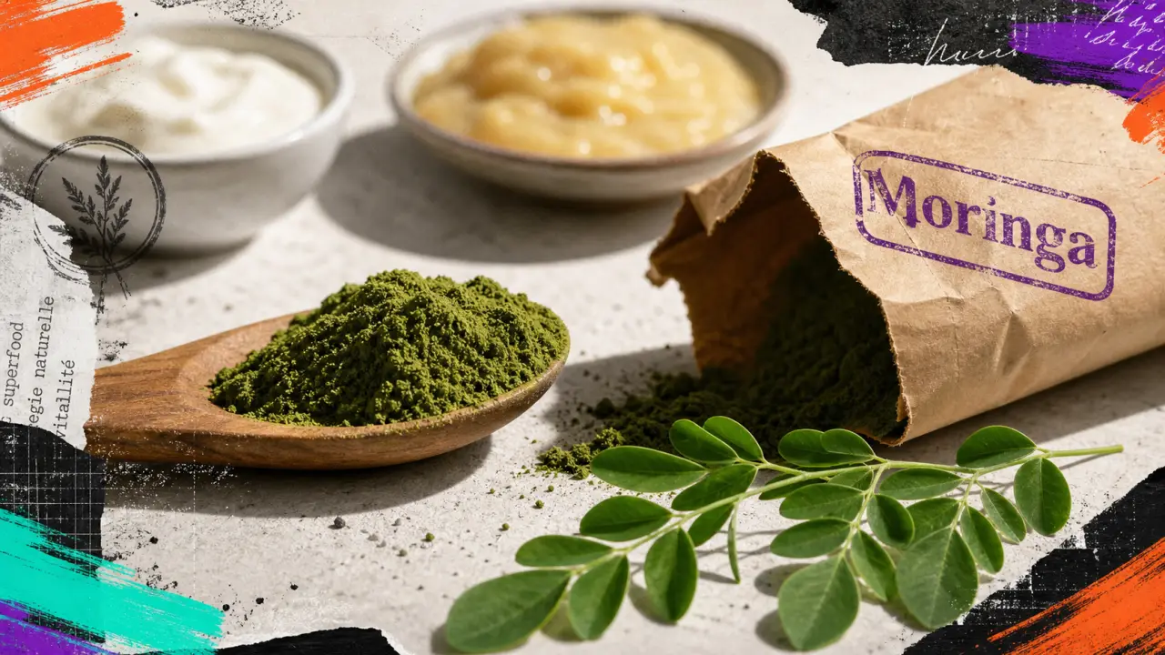 Poudre de moringa bienfait : cuillère de poudre verte sur table