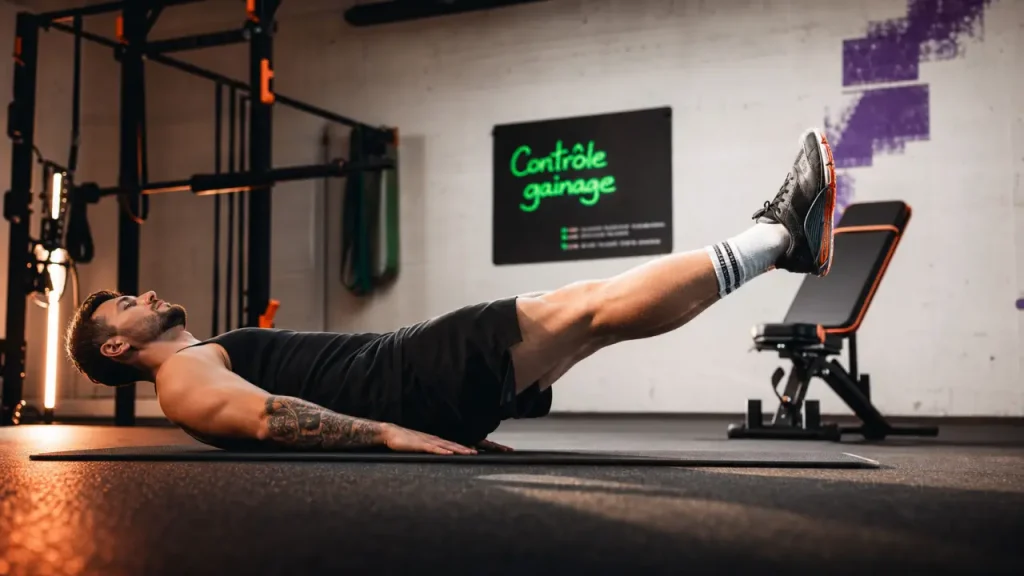 Relevé de jambes : bassin verrouillé, abdos actifs, lombaires protégées