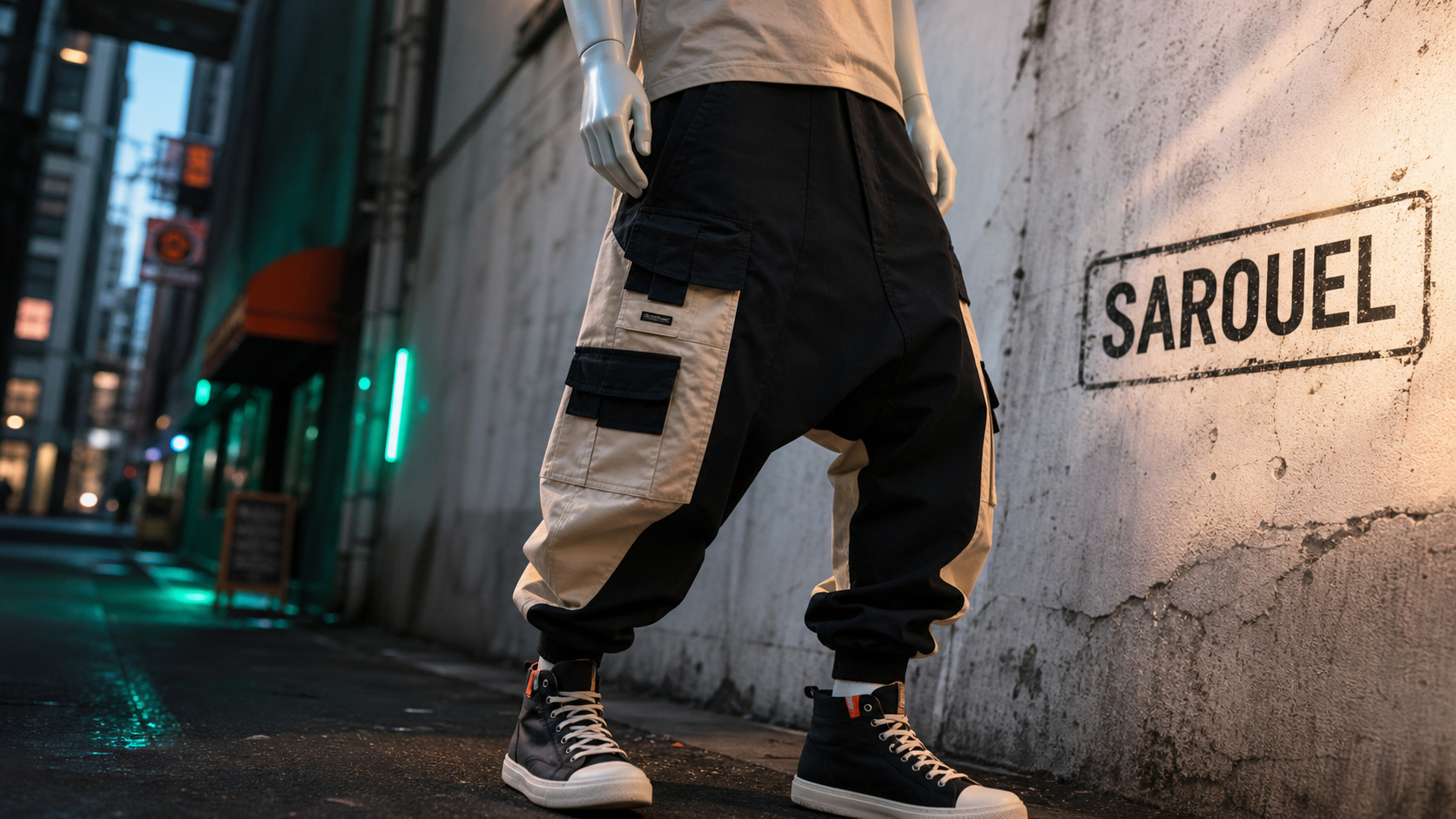 Sarouel homme cargo noir beige en ruelle urbaine, poches visibles, plan 3/4