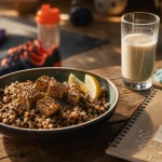 Sportif vegan : bol quinoa-lentilles et tofu, boisson au soja