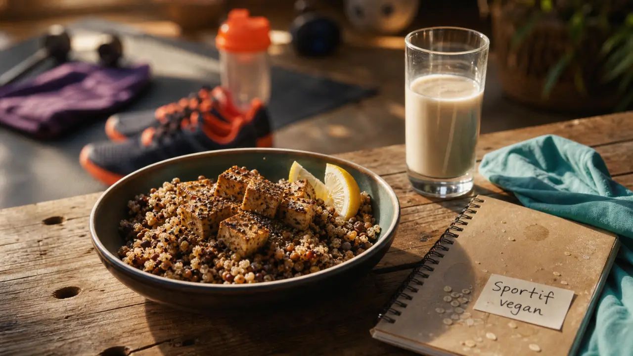 Sportif vegan : bol quinoa-lentilles et tofu, boisson au soja
