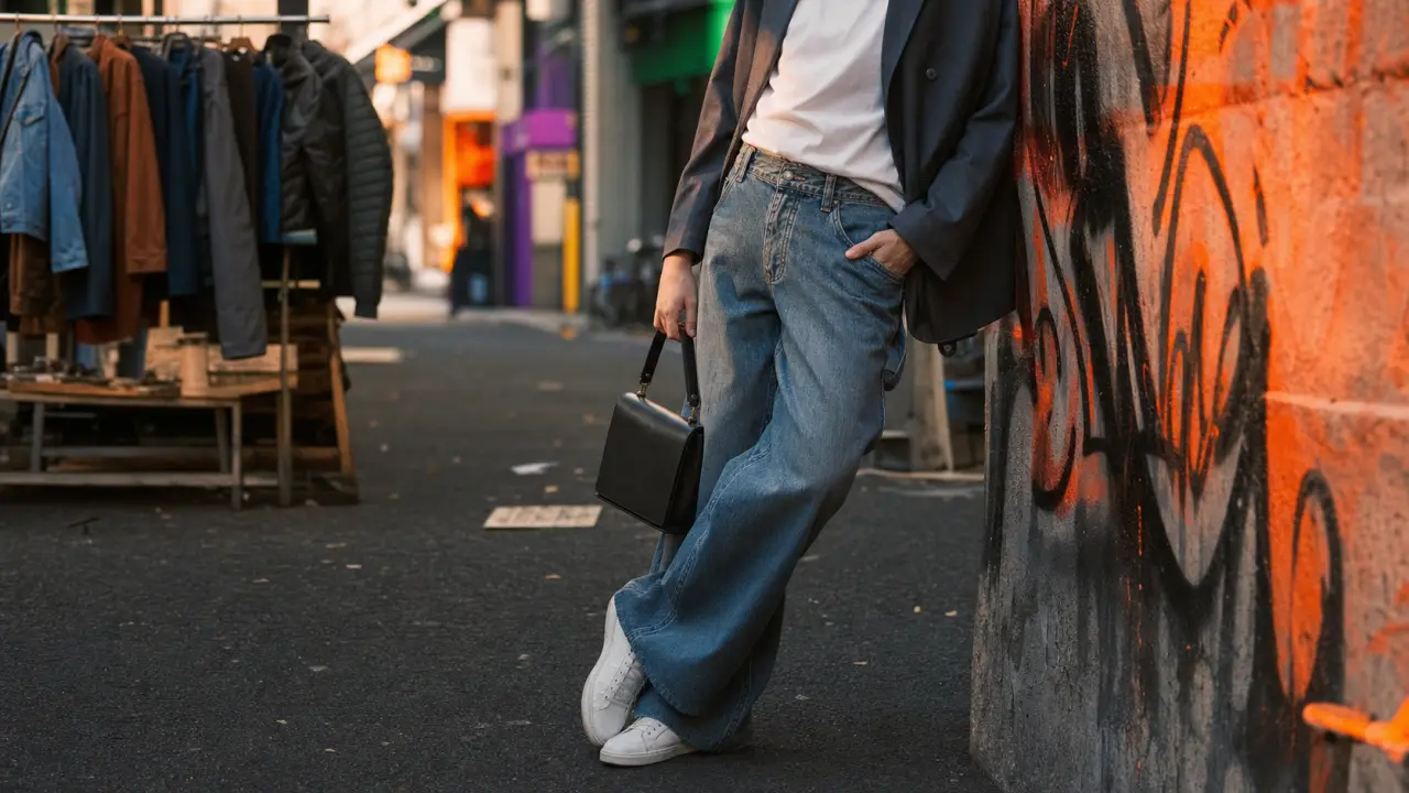 Style street chic : jean large, t-shirt blanc, blazer oversize en ville
