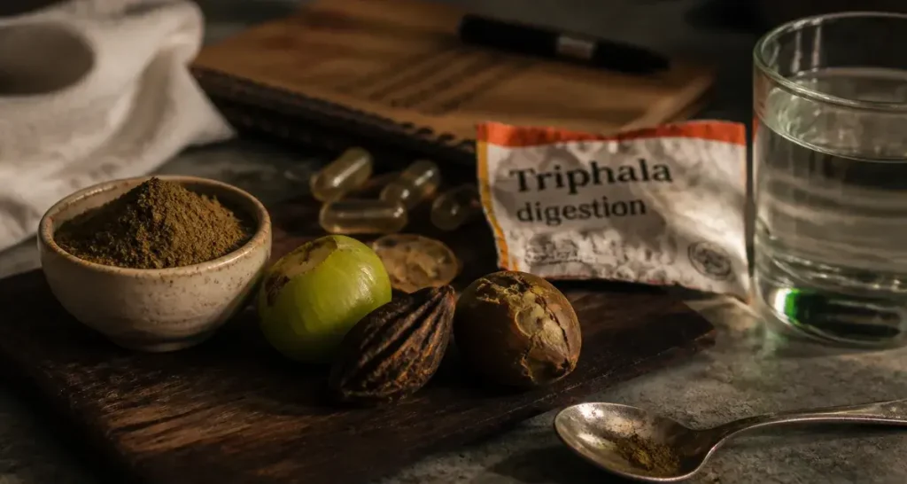 Triphala bienfaits : poudre et fruits amla, haritaki, bibhitaki pour la digestion et le transit