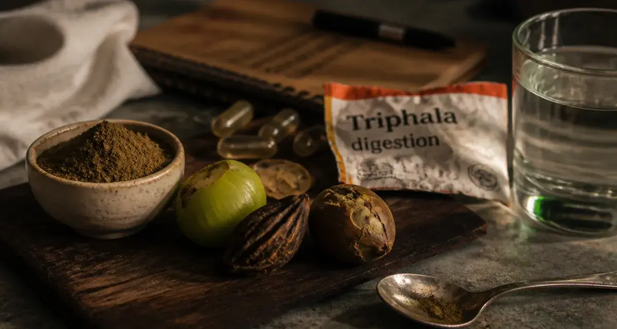 Triphala bienfaits : poudre et fruits amla, haritaki, bibhitaki pour la digestion et le transit