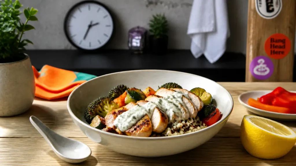 Bowl poulet-quinoa riche en protéine repas, légumes rôtis et sauce yaourt-citron