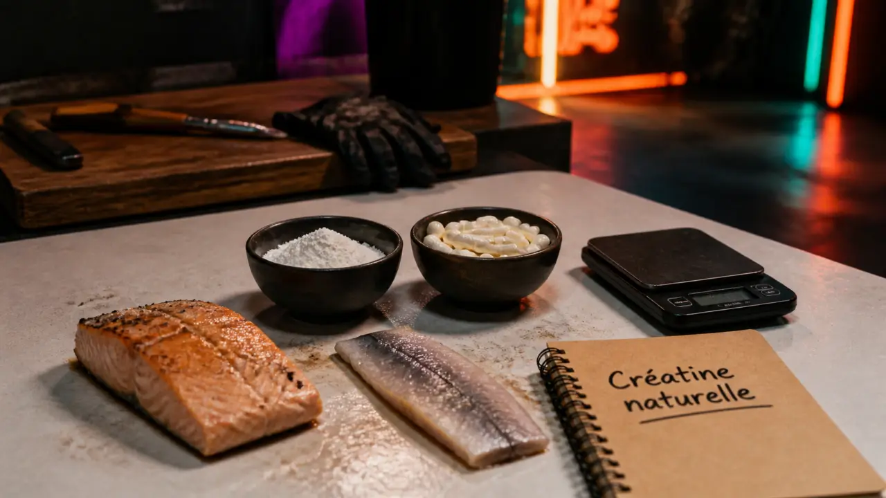 Creatine naturelle : saumon et hareng, poudre de cratine et capsules