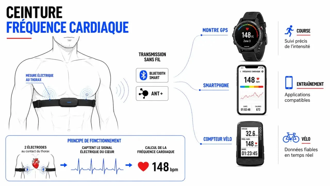 Schéma explicatif d’une ceinture fréquence cardiaque avec montre GPS, smartphone et compteur vélo