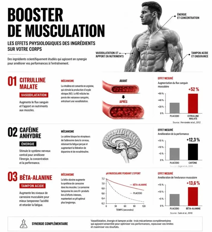 Infographie sur les bienfaits et le fonctionnement des ingrédients d'un booster de musculation