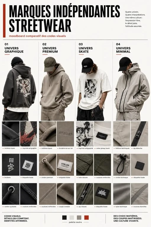 Marques indépendantes streetwear : moodboard comparatif des styles graphique, premium, skate et minimal