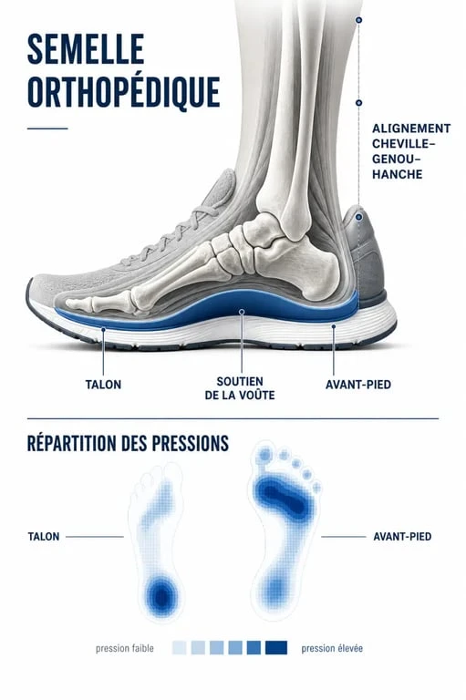 Semelle orthopédique sport illustrée dans une chaussure de course, avec appui et amorti des chocs