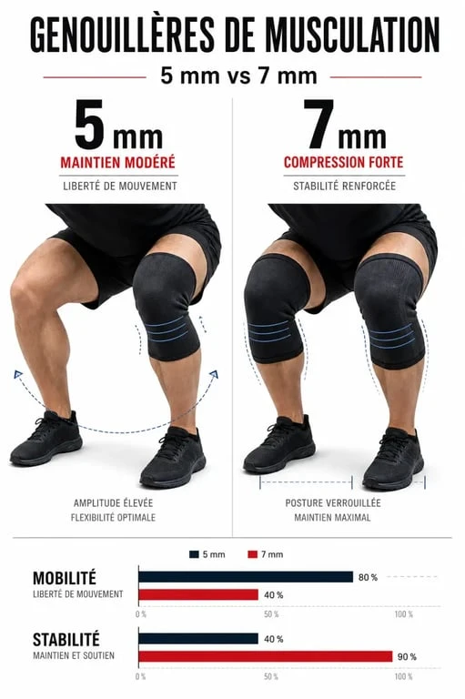 Genouillère musculation : comparaison visuelle entre 5 mm et 7 mm pour choisir selon l’effort