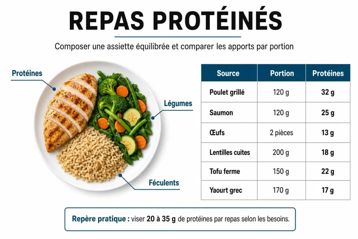 Protéine repas : tableau visuel des portions et repères de protéines par repas