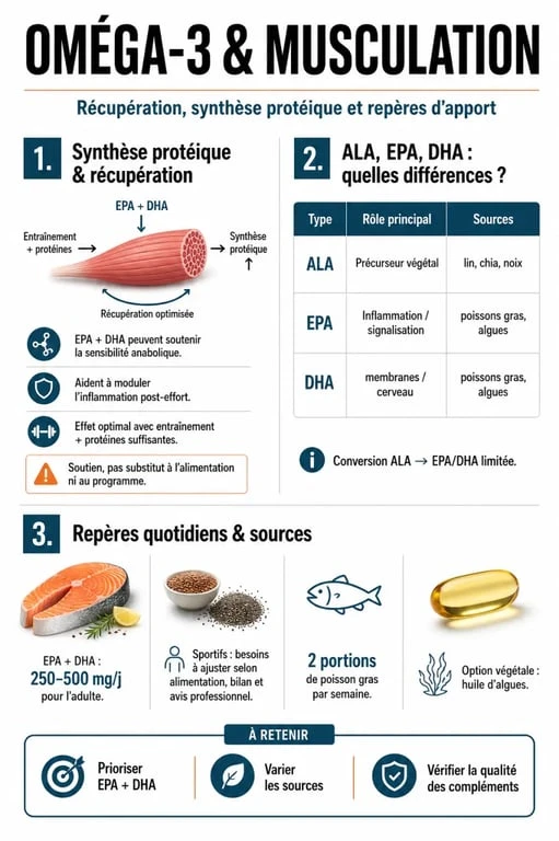 Infographie musculation omega 3 sur la récupération, la synthèse protéique et les formes ALA, EPA, DHA
