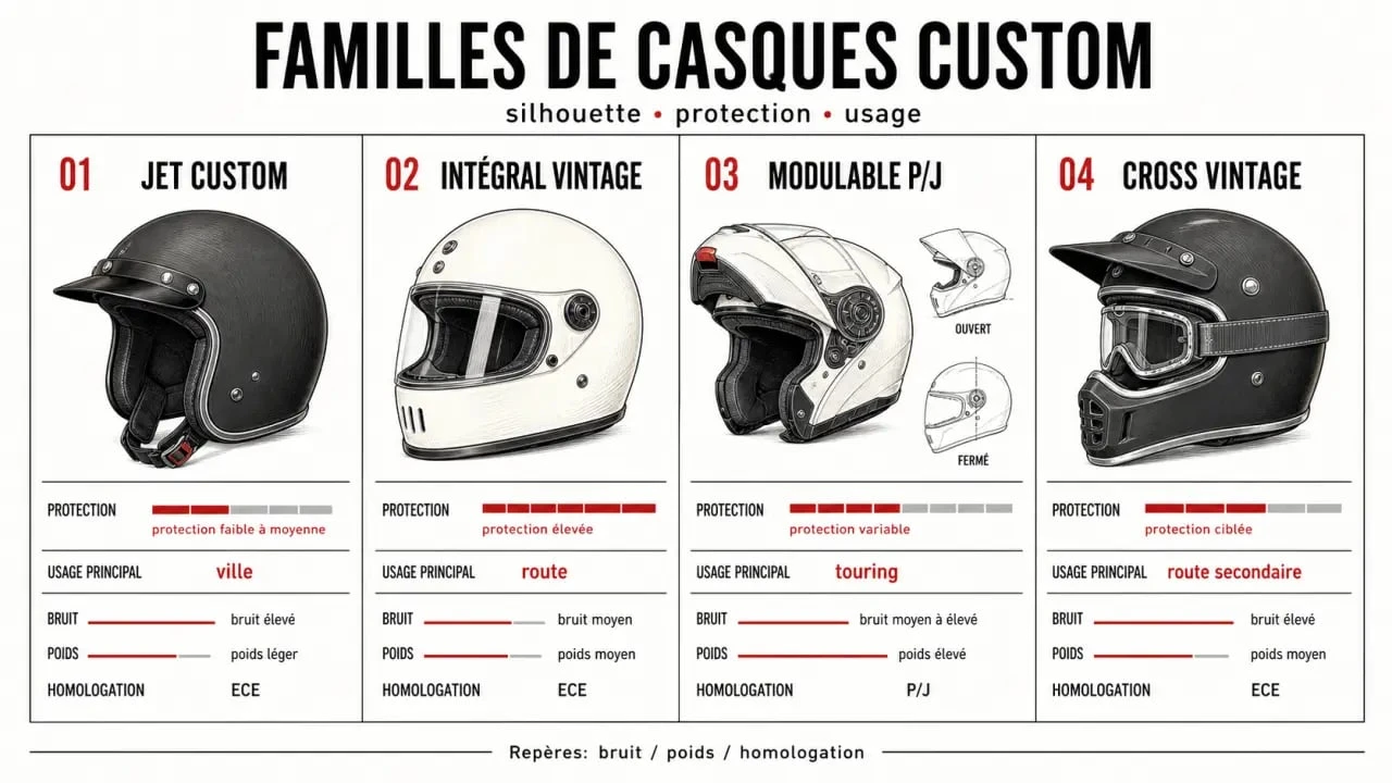 Casque custom : comparaison visuelle des types de casque pour choisir selon le style, la protection et l'usage