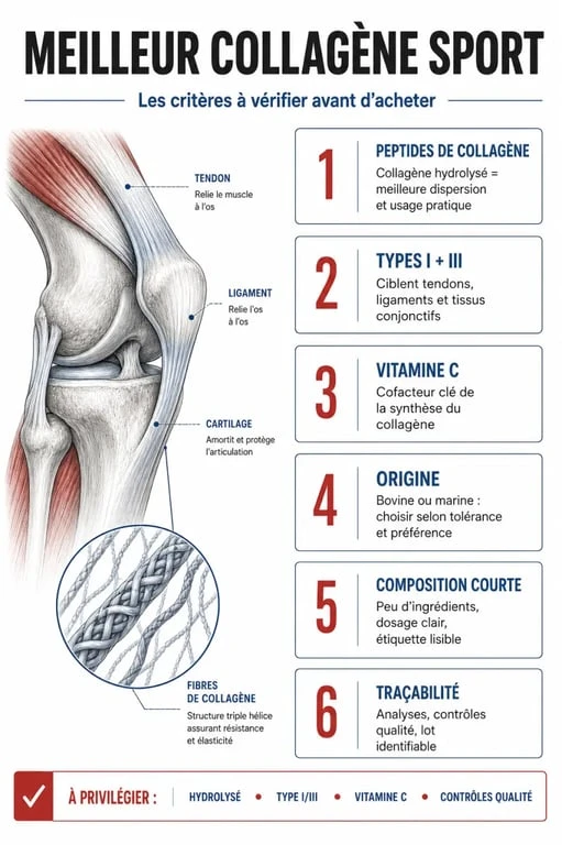Infographie sur le meilleur collagène sport avec critères de choix, type hydrolysé, vitamine C et origine bovine ou marine