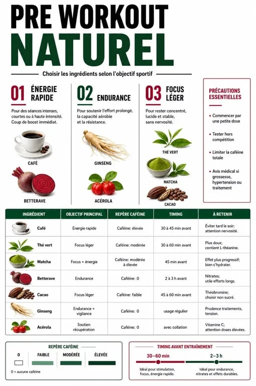 Infographie pre workout naturel : ingrédients, effets et choix selon l’objectif sportif