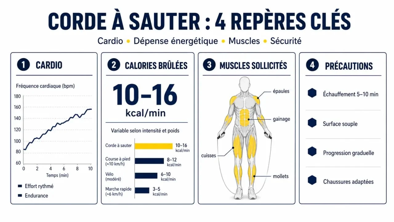 Infographie corde a sauter bienfait : cardio, calories, muscles, coordination et précautions
