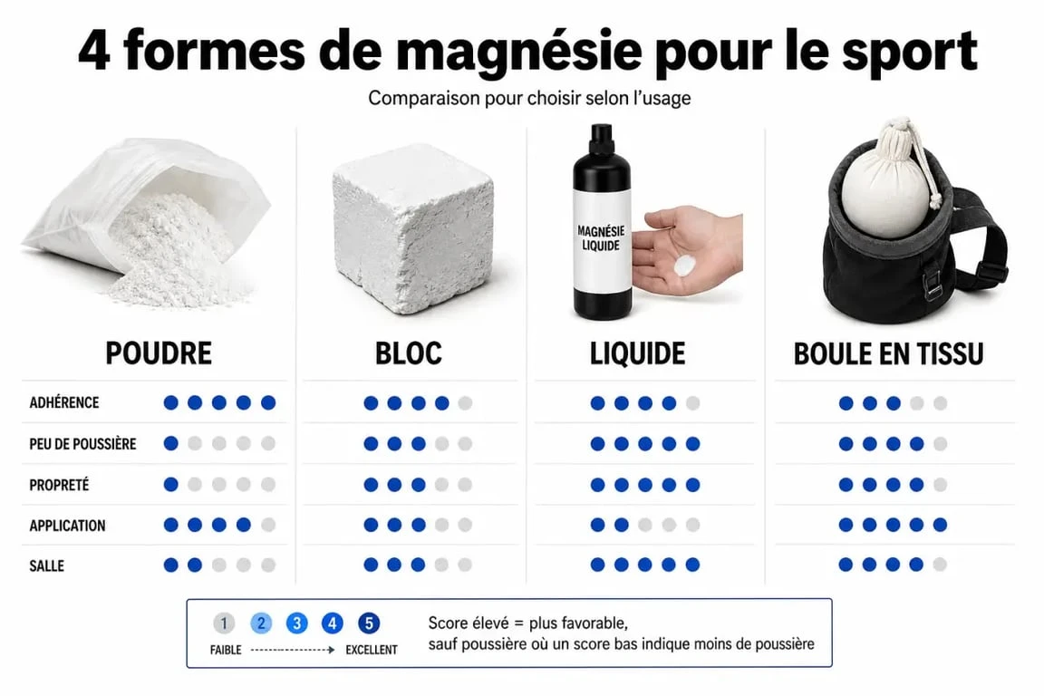 Comparatif magnesi sport : poudre, bloc, liquide et boule en tissu pour choisir le bon format