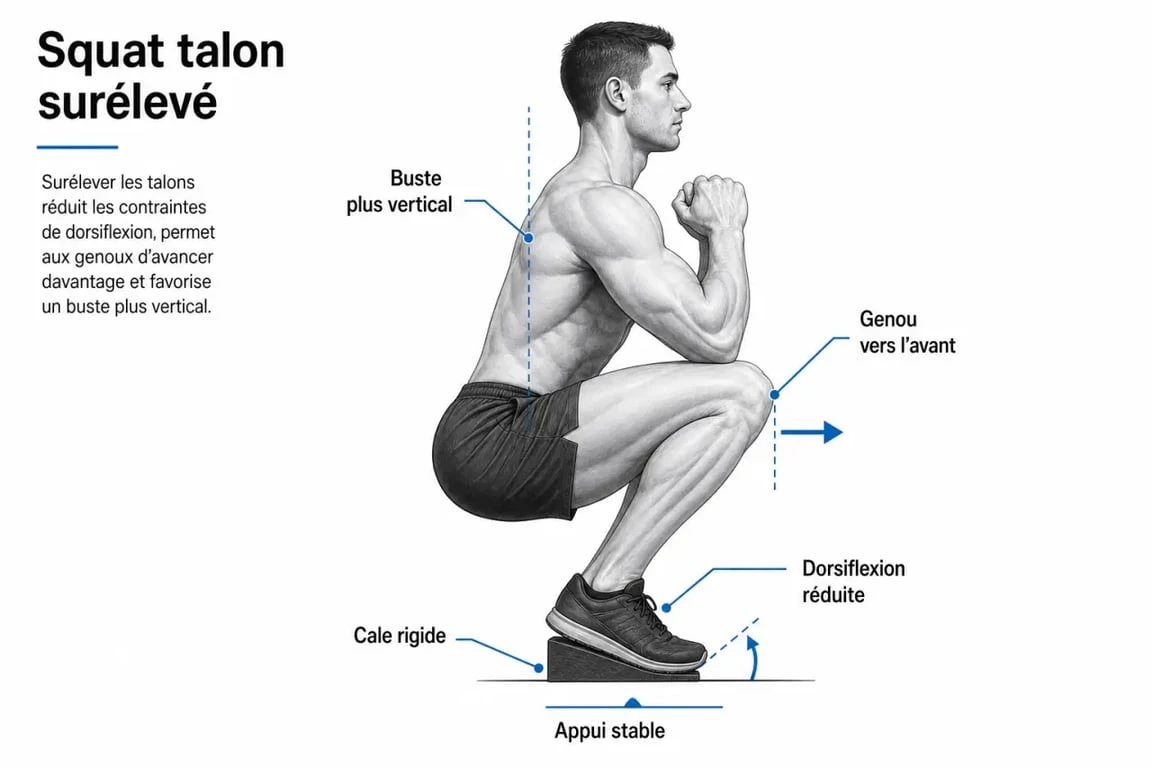 Schéma du squat talon surélevé montrant la position des pieds, des genoux et du buste