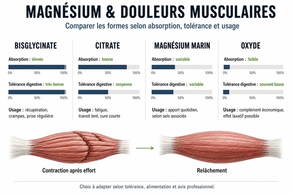 Quel magnésium pour douleurs musculaires : comparaison visuelle du bisglycinate, citrate, magnésium marin et oxyde