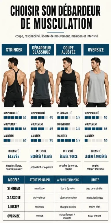 Débardeur musculation : infographie comparative entre stringer, débardeur classique et coupes adaptées à l’entraînement
