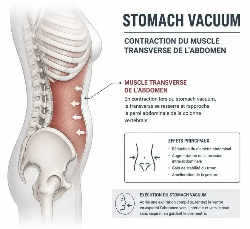 Schéma anatomique du muscle transverse lors de l'exercice stomach vacuum pour un ventre plat