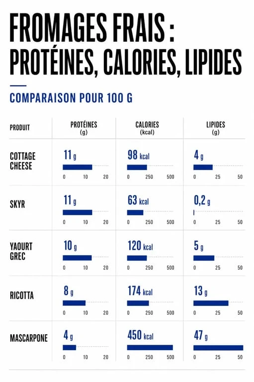 cottage cheese proteines : comparaison visuelle des protéines, calories et lipides avec skyr, yaourt grec, ricotta et mascarpone