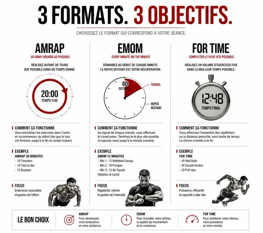 Comparatif des formats d'entraînement WOD poids du corps AMRAP EMOM For Time