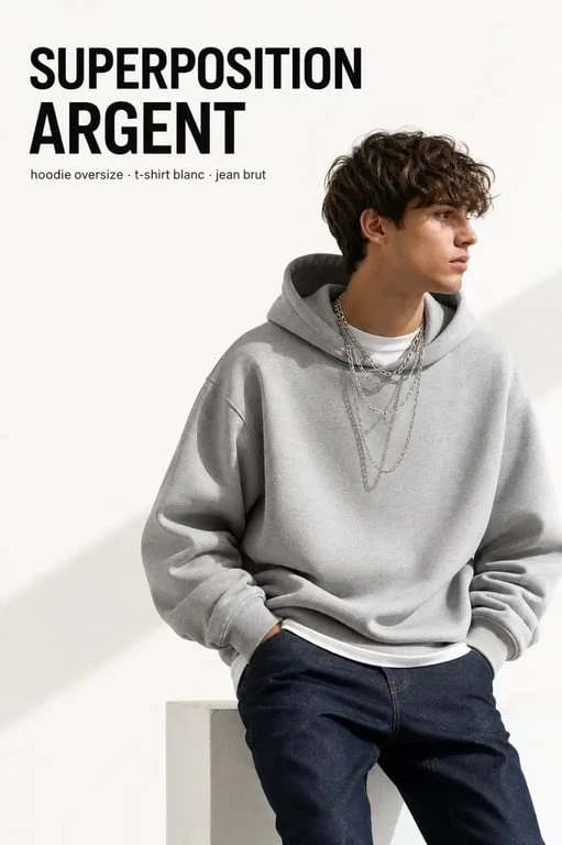 Bijoux streetwear portés avec un hoodie oversize et des chaînes argentées en layering