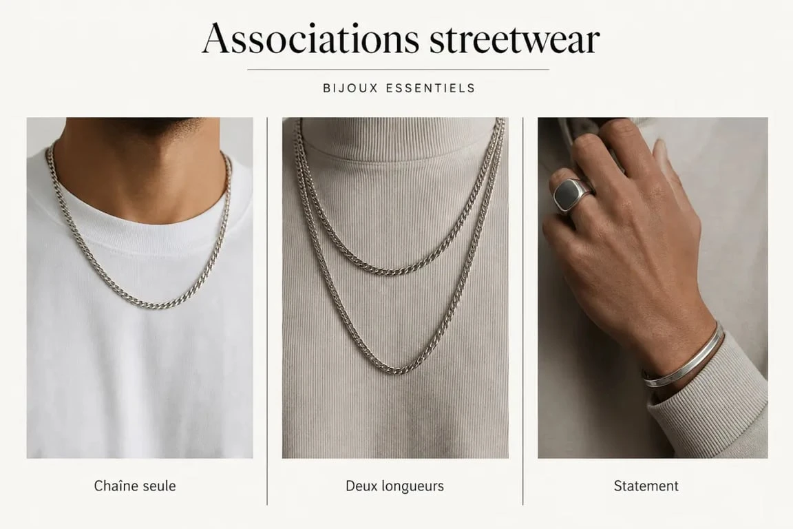 Comparaison de bijoux streetwear avec chaîne seule, layering et look statement