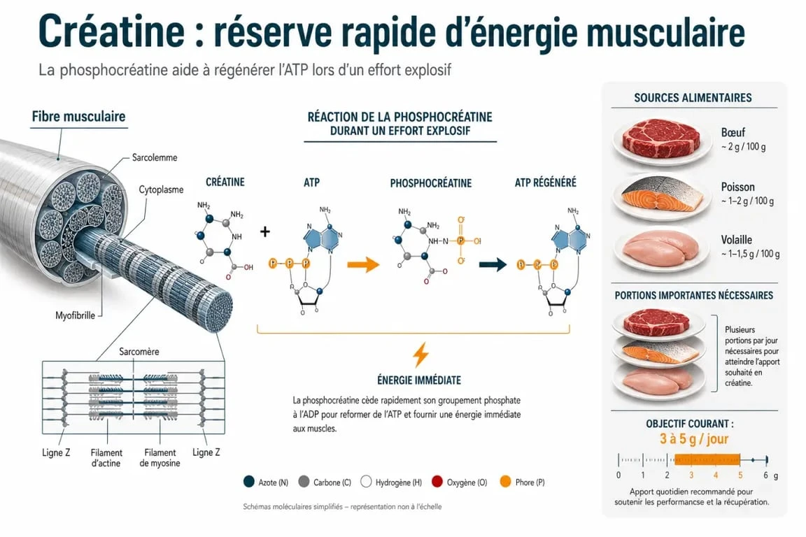Créatine naturelle : schéma du rôle dans l'ATP et des sources alimentaires