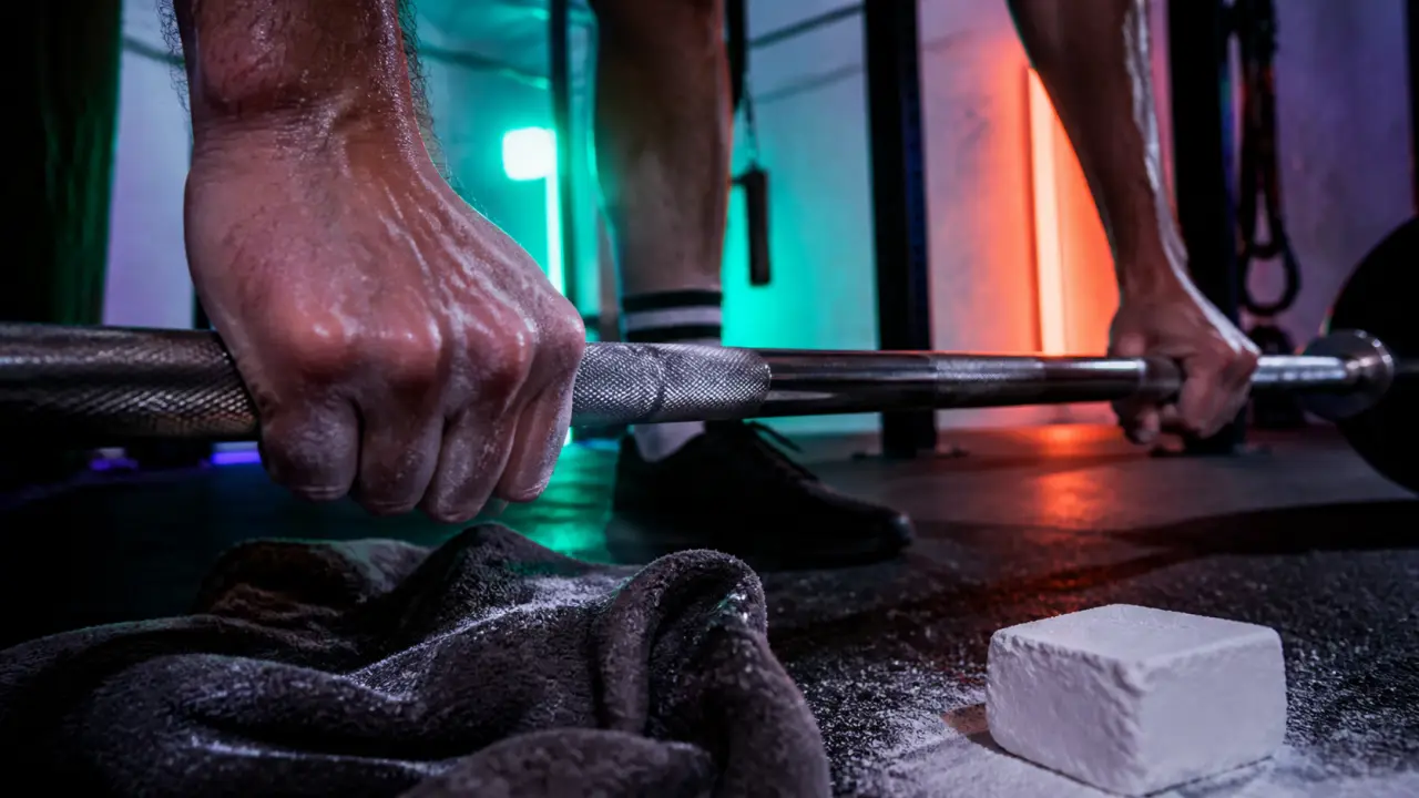Magnesi sport : mains avec magnésie sur barre de musculation