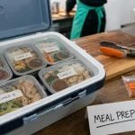 Meal prep sportif : boîtes hermétiques étiquetées poulet, riz et légumes, prêtes du lundi au samedi
