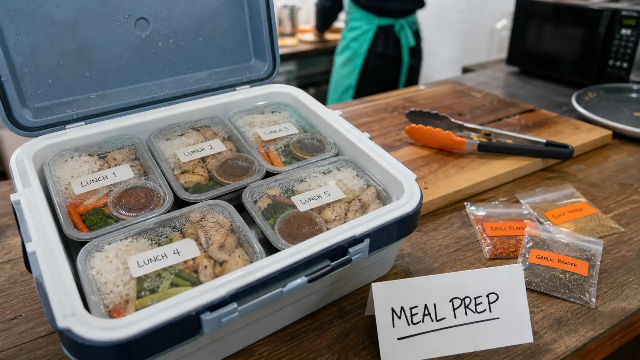 Meal prep sportif : boîtes hermétiques étiquetées poulet, riz et légumes, prêtes du lundi au samedi