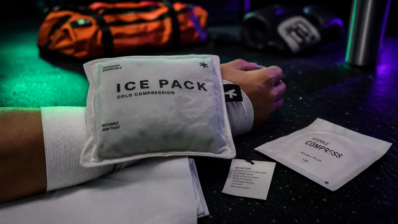 Poche de glace sur poignet bandé, 15-20 minutes d’application