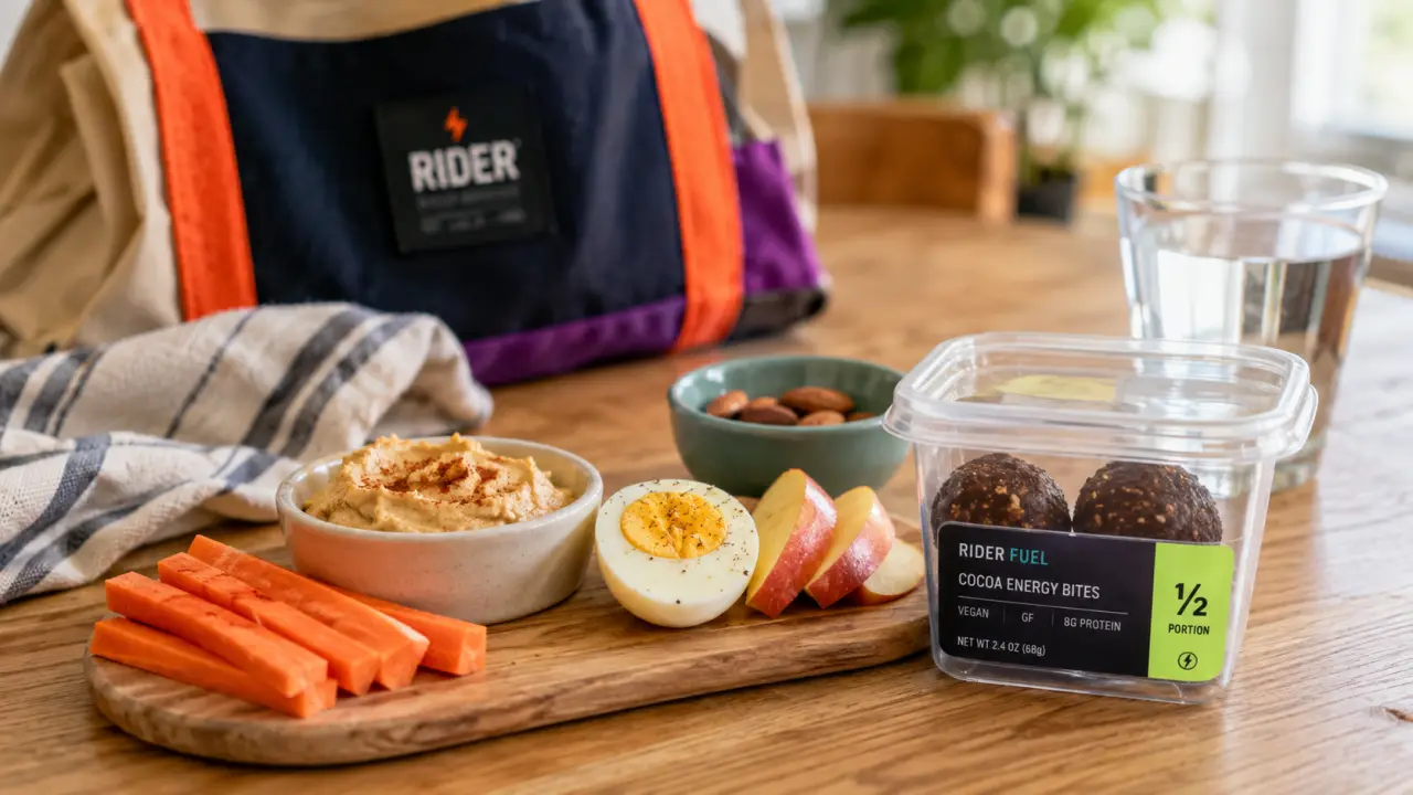 Encas sain : carottes, houmous, œuf dur, pomme et amandes sur table.