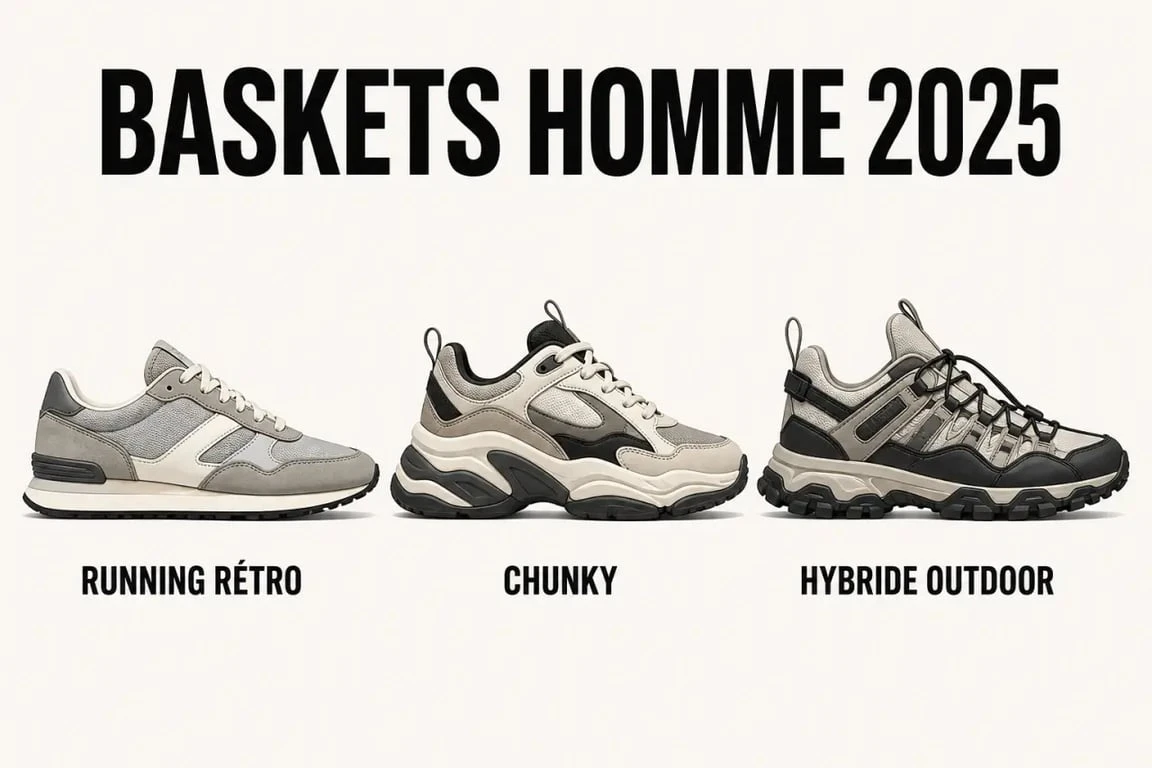 Baskets homme tendance 2025 illustrées en trois silhouettes : running rétro, chunky et hybride outdoor