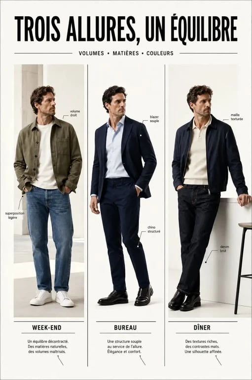 Trois exemples de tenues casual style homme pour le week-end, le bureau et un dîner
