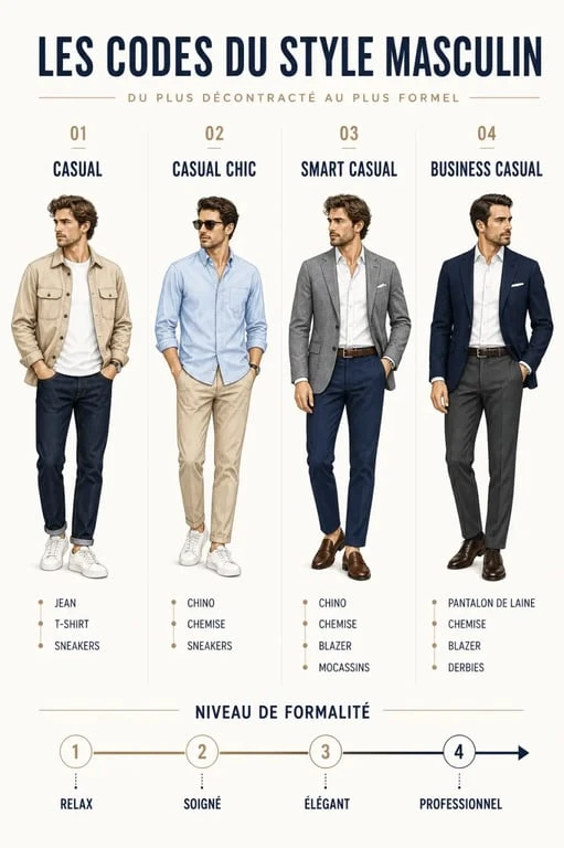 Infographie comparative du casual style homme, du casual chic, du smart casual et du business casual