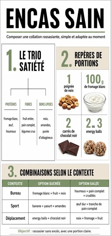 Infographie encas sain avec repères de portions, trio satiété et exemples de collations