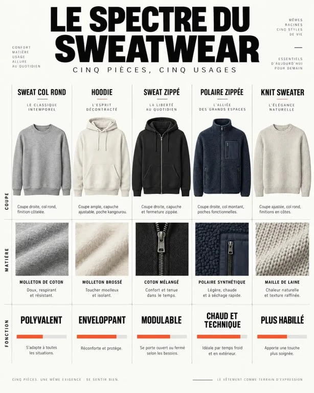 Infographie sweatwear comparant sweat col rond, hoodie, sweat zippé, polaire et knit sweater