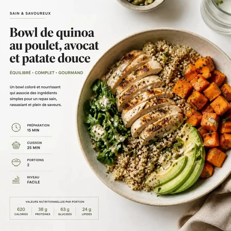 Exemple de plat sportif : bowl de quinoa au poulet et patate douce
