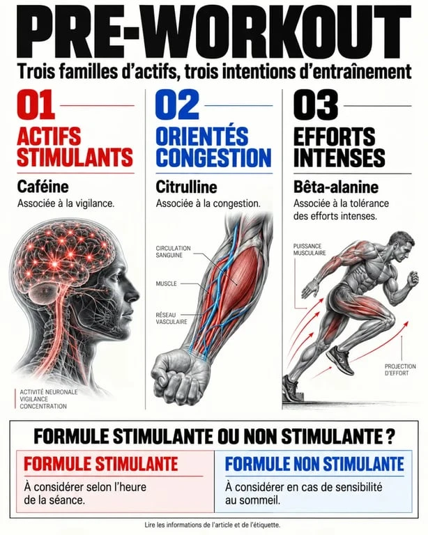 Infographie sur le pre workout, ses principaux actifs et le choix selon l'heure d'entraînement