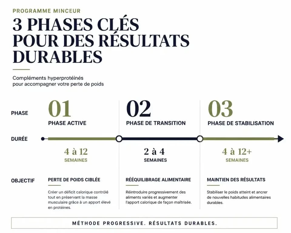 Phases d'un programme de compléments alimentaires hyperprotéinés dans le temps