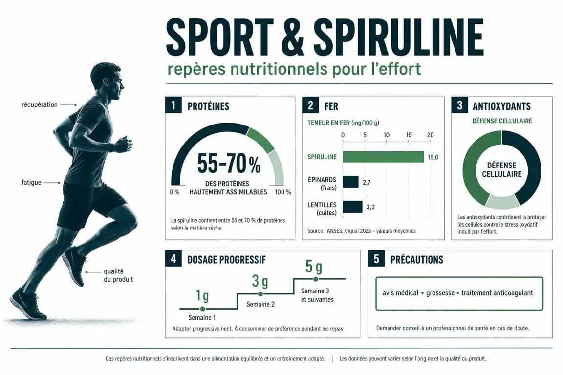 Sport et spiruline : infographie sur les bénéfices, le dosage et les précautions