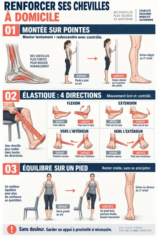 Exercices pour muscler les chevilles : montée sur pointes, élastique et équilibre sur un pied
