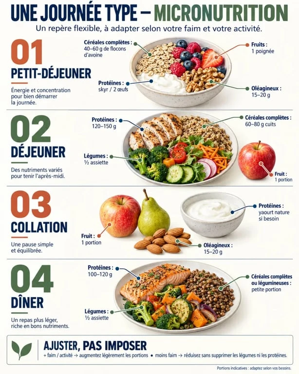 Régime micronutrition menu type réparti entre petit-déjeuner, déjeuner, collation et dîner