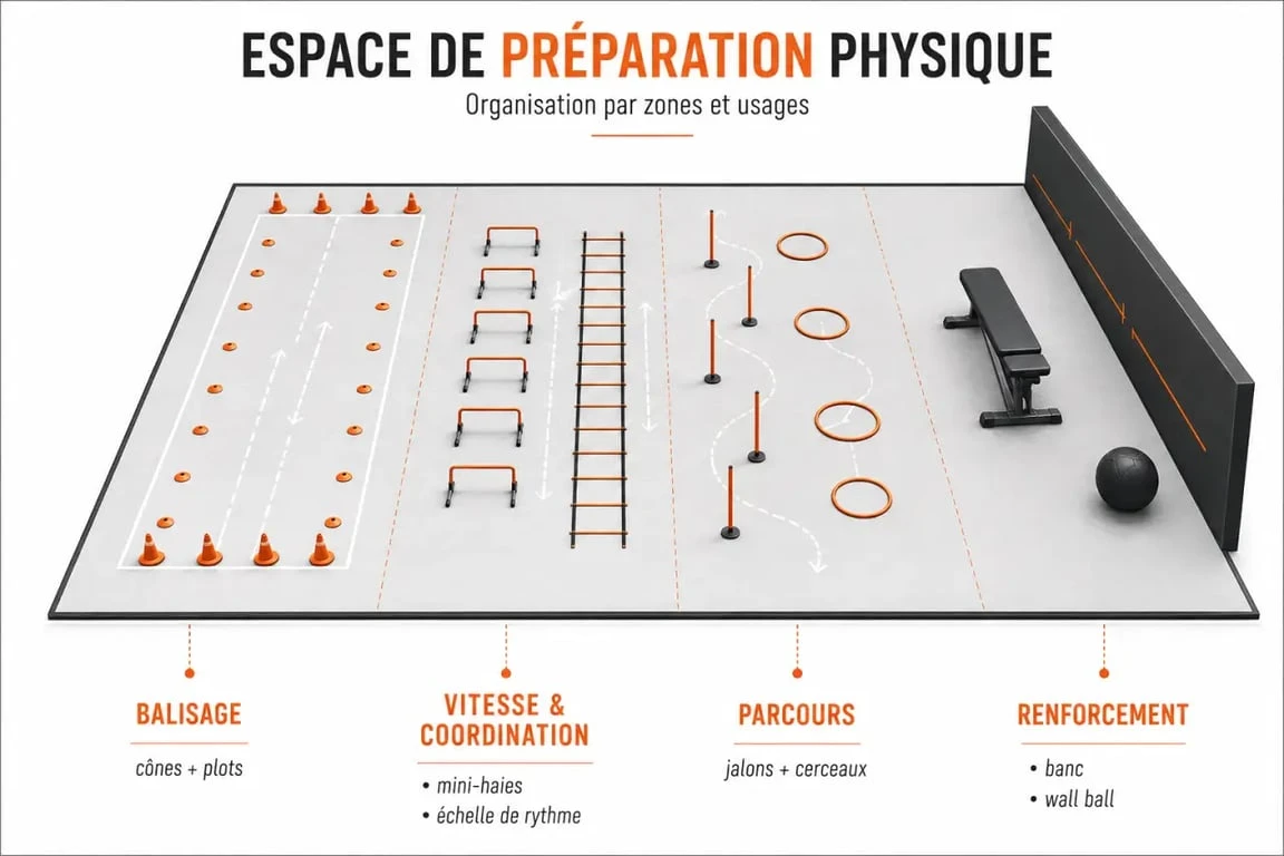 Matériel préparateur sportif illustré dans un espace d’entraînement avec cônes, mini-haies, échelle de rythme et zone de renforcement
