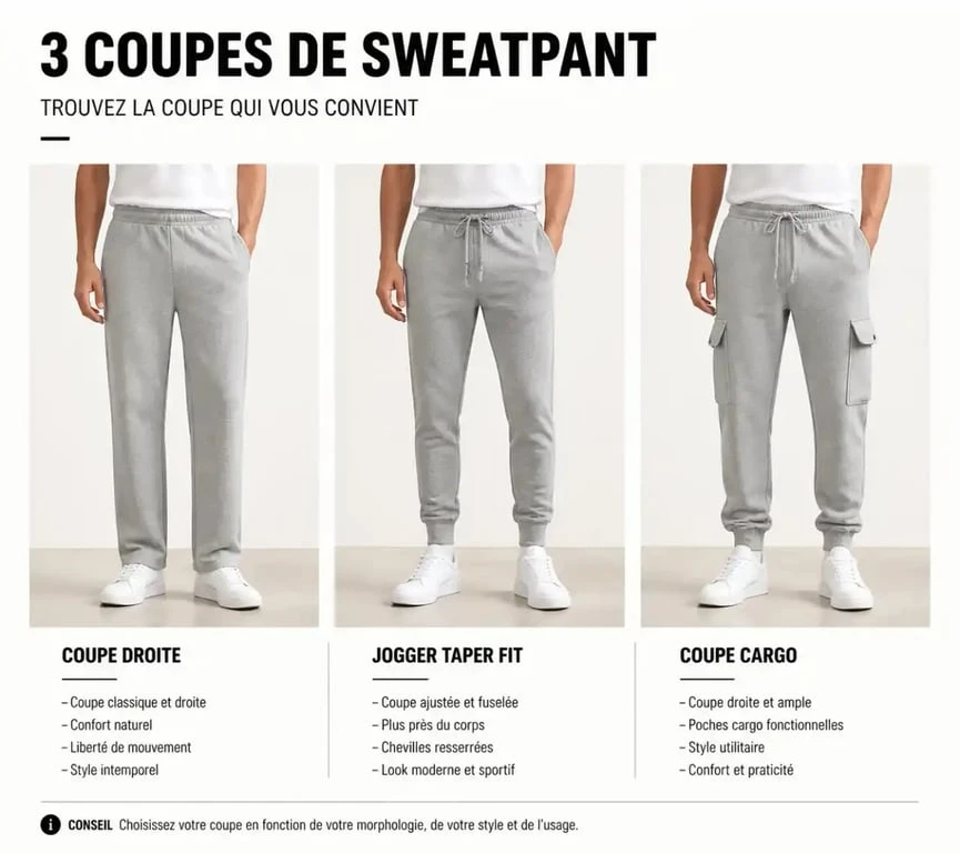 Comparaison des coupes de sweatpant homme droite jogger et cargo