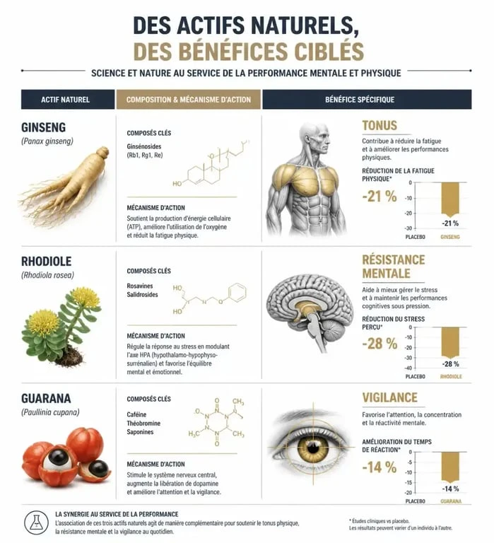 Infographie des actifs naturels pour compléments alimentaires fatigue
